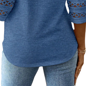 Blusa Azul para Mujer, Manga Larga, con Encaje, Transpirable, 100% Algodón, Camiseta Informal, Top para Uso Diario - Product Image 5