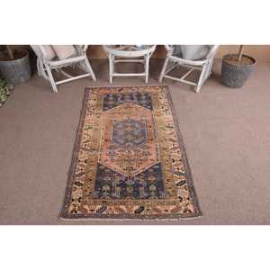 Alfombra Turca Vintage de 3.3x6.5 pies (101x198 cm), Alfombra Azul a Rayas - Product Image 1