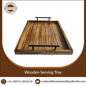 Bandeja de servicio de madera de forma rectangular con acabado de madera natural de calidad superior con asas de metal para servicio de hoteles y restaurantes - Product Image 3
