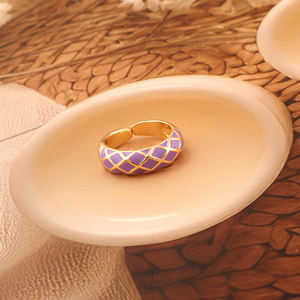 Wedding <b>gift</b> for women adjustable jewelry enamel band gold plated checkerboard design <b>orange</b> enamel long lasting brass cuff ring - Product Image 5