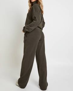 Garment Dyed Cotton Fleece <b>Women</b> Tracksuit Set High Neck Button Sweatshirt <b>Straight</b> <b>Leg</b> <b>Joggers</b> OEM Supply Custom logo - Product Image 2