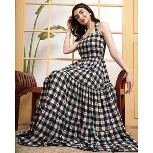 DEEBACO Women's Solid Cotton Checked with Heart Print Tiered Maxi <b>Dress</b> Halter Neck Sleeveless Ankle Length Fit & Flared Summer - Product Image 1