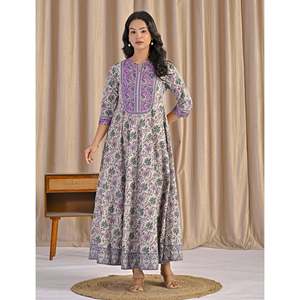 Robe Anarkali en coton imprimé à la main, gris et violet, vêtements américains - Product Image 4