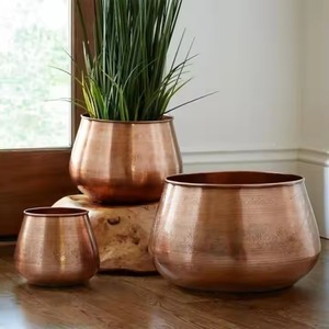 Elegant set of hammered copper planters decorative metal pots for indoor plants <b>shelf</b> or corner decor accents - Product Image 6