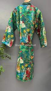 Frida Khalo Inspired Womens Long Cotton Kantha Robe Handmade Quilted Jacket with <b>Belt</b> Closure for Winter - Product Image 6