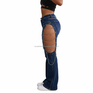 Jeans Acampanados con Aberturas Sexys para Mujer – Pantalones Vaqueros de Cintura Alta y Pierna Ancha con Detalle de Cadena Lateral – Estilo Y2K Streetwear - Product Image 2