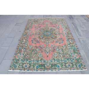 6.5x9.9 ft Vintage Large Rug, <b>Red</b> Blue Turkish Floral <b>Wool</b> Rug - Product Image 1