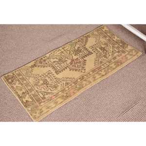 1.4x3.1 ft Rug, Vintage Turkish Rug, <b>Brown</b> Yellow Moroccan <b>Wool</b> Rug - Product Image 2