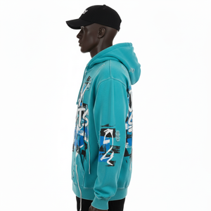 Sweat à capuche zippé en polaire épaisse de haute qualité, bleu sarcelle, imprimé graphique moderne sur la poitrine, logo personnalisé, confortable, décontracté, vêtements de sport basiques, sweat à capuche zippé - Product Image 5