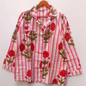 Ensemble de pyjama respirant doux en coton bio à imprimé floral pour femmes avec fermeture à cordon de serrage Chemises et pantalons sexy - Product Image 1