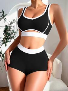 Custom Wholesale Summer Solid Color <b>Women</b> <b>Yoga</b> Set High Waisted Hip Lifting Sports Bra & Fitness <b>Shorts</b> Two Piece Outfit - Product Image 3