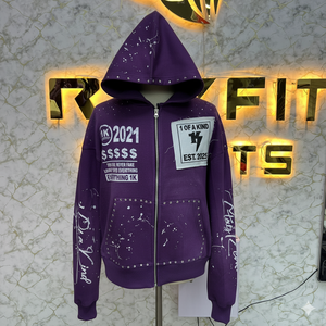 Sweat à capuche en molleton pour homme, style streetwear, avec fermeture éclair, effet délavé à l'acide, personnalisable avec votre logo, orné de strass - Product Image 1