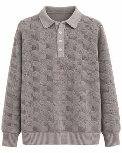 Suéter Polo de Punto Texturizado para Hombre, Manga Larga, Cuello con Botones, Informal, para Invierno, Color Gris Jaspeado, para Venta al por Mayor - Product Image 1