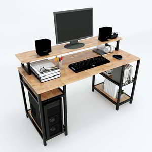 Solid Wood Computer <b>Desk</b> Iron Frame <b>Simple</b> Design Bookshelf Drawer Storage Shelves Rubberwood for Bedroom Application COD68041 - Product Image 2