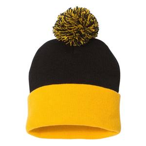 Custom Letters Cuff Pom-Pom Black Gold Hat Beanie Warm Knit Skull Cap - Product Image 1