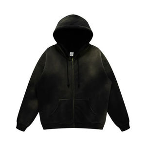 2025 New Arrival Vintage Wash Graphic Hoodie Solid Color 100% Cotton Breathable Zipper Pullover Style Loose Fit <b>Hoodies</b> For <b>Men</b> - Product Image 3