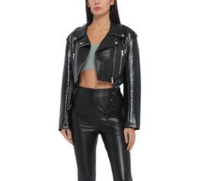 Veste en cuir de vache pour femmes noires avec finition vernie brillante Style motard classique Toile de luxe Imperméable et écologique - Product Image 1