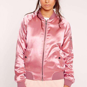 Chaqueta Bomber de Satén Rosa para Mujer, Cierre Completo, Bolsillos Utilitarios en las Mangas, Acabado Brillante Ligero, Estilo Urbano, Abrigo Informal - Product Image 1