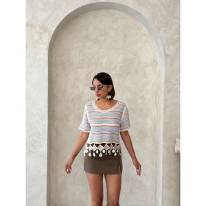 Blusa de Malla Naranja para Mujer Topshow con Detalle de Pompones, Tejido de Algodón a Rayas, Estilo Casual para Uso Diario - Product Image 3