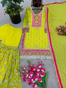 Lancement d'un nouveau designer de vêtements de soirée, look haut fantaisie Dupatta et entièrement cousu belle couleur jaune avec séquence costume de robe de travail - Product Image 3