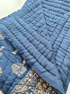Gold Floral Razai Quilt Queen Size Organic Cotton <b>Blanket</b> Rajasthani Block Print Style - Product Image 4