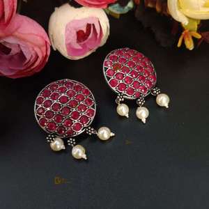 Stone Work Oxidised <b>Silver</b> Stone Work Round <b>Stud</b> Earrings for Casual Party Wear Handmade Bulk Product - Product Image 4