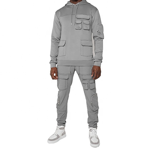 Conjunto de carga de entrenamiento de 100% algodón para hombre, chándal personalizado con múltiples bolsillos con capucha, chándal de patrón sólido ecológico de invierno - Product Image 1