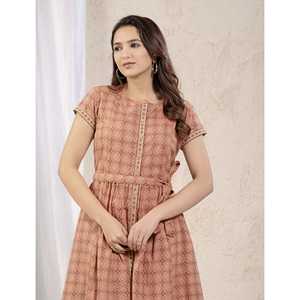 Vestido Corto Estampado de Algodón Color Durazno, Elegante, Casual, Hasta la Rodilla, Mangas Abullonadas, Cierre de Cremallera, Transpirable, Cintura Natural, para el Día a Día y Fiestas, Talla XS - Product Image 1