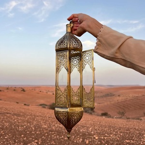 <b>Large</b> Hanging Handmade Moroccan <b>Lantern</b> Antiqued Brass Clear Glass Elegant Metal <b>Candle</b> Holder Jar Antique Gold Finish - Product Image 2