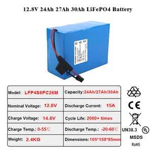 Customize 12V/12.8V 24Ah 27Ah 30Ah LiFePO4 4S6P 26700 Rechargeable Deep Cycle Battery For UPS RV Solar System