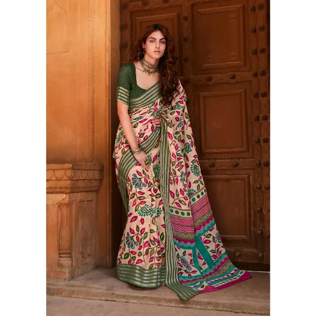 Pakaian Etnis India Tradisional Katun Linen Sari Sutra untuk Wanita Jacquard Perbatasan dengan Digital Dicetak Saree Grosir