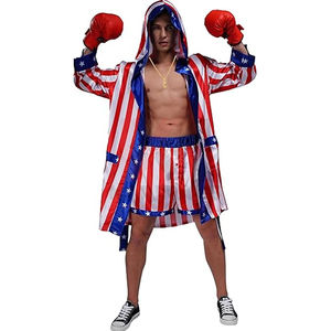 Mens Boxing Costume Satin American Flag <b>Robe</b> with <b>Hood</b> Shorts Belt & Cape Halloween Cosplay Champion Fighter Outfit - Product Image 4