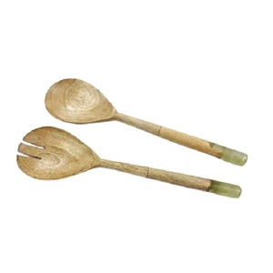 Service à salade en bois d'acacia, ensemble de cuillères, bol à salade de fruits en acier, gadgets de cuisine, serveurs à salade décoratifs en acier inoxydable - Product Image 3