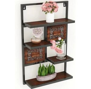 Decoración colgante de pared de 4 niveles asequible, estante de pared clásico de madera y Metal, soporte de planta de diseño antiguo a bajo precio - Product Image 1