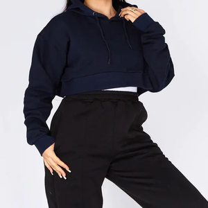 100% coton polaire à manches longues sweat à capuche court pour les femmes imprimé personnalisé poids lourd solide noir sportif grande taille respirant - Product Image 4