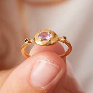 Joyería fina personalizada, chapado en oro de 18 quilates, forma ovalada genuina, facetada amatista púrpura, piedras preciosas, bodas, compromiso, anillos solitarios - Product Image 2