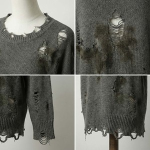 Winter Streetwear Sweatshirt Regular Fit Ripped Hole Knitwear Safety Pin Detail Vintage <b>Oil</b> Stain Dirty Effect Digital Pullover - Product Image 4