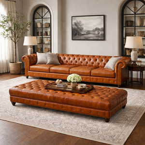 Juego de Sofás Chesterfield de Cuero Genuino, Acolchado, Inflable, Diseño de Mediados de Siglo, para Villa, Múltiples Tamaños y Colores, Con/Sin - Product Image 6