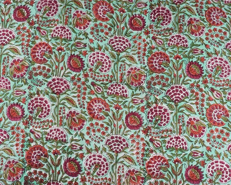 Pastel vert menthe foncé cerise vermillon rouge indien main bloc imprimé 100% pur coton tissu tissu par la cour vêtements pour femmes