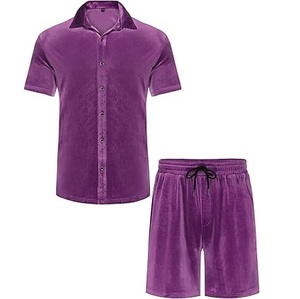 Ensembles de survêtements en velours personnalisés pour hommes quantité minimale de commande bas OEM Logo personnalisé 2 pièces survêtement violet ensembles courts en velours pour hommes respirant - Product Image 4