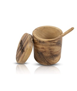 <b>Decorative</b> Rustic Wooden Sugar Seasonings Bowl <b>Box</b> Cellar Keeper <b>With</b> <b>Lid</b> & Spoon Wide Mouth Herb Spice Jar Holder Serving Bowl - Product Image 1