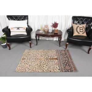 พรมขนสัตว์สีเบจสีน้ำเงินคลาสสิก2.9x4.7ft งานเย็บปะแบบตุรกีรูปแบบห้องโถงทรงสี่เหลี่ยมผืนผ้าสำหรับห้องนั่งเล่นห้องนอนน้ำยาง - Product Image 2