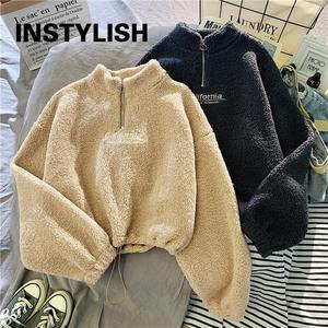 Suéteres Elegantes de Terciopelo para Mujer, Cuello Alto, Forro Polar, Sudadera Corta con Capucha, Estilo Informal, Manga Larga, Estampado a Cuadros, para Invierno - Product Image 3