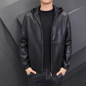 Blouson d'hiver pour homme en cuir PU, col montant, logo frontal, respirant, streetwear décontracté, fermeture éclair, doublure en coton de haute qualité - Product Image 3