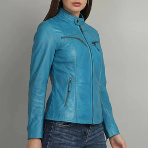 Women's Blue PU Leather Moto Jacket Stand Collar Zipper Closure Slim Fit Regular Sleeve Autumn Style Solid Color - Product Image 2