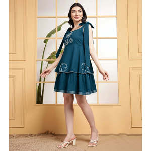 Deebaco Women's Teal Cotton Sleeveless Above Knee A-Line <b>Dress</b> With Floral Embroidery Square Neck <b>Loose</b> Fit Casual Summer Wear - Product Image 6