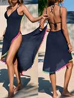 Robe longue asymétrique décontractée pour femme, respirante, col halter en V, dos ouvert, fente haute, bordure pompons, idéale pour la plage - Vente en gros