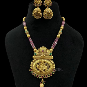 Antique <b>Gold</b> Temple Necklace <b>Set</b> with Lakshmi Motif and Jhumka <b>Earrings</b> Traditional South Indian Bridal Jewelry - Product Image 1