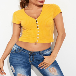 เสื้อยืดเอวลอยแฟชั่นสำหรับผู้หญิงเสื้อครอปเอวลอยเซ็กซี่กระดุมน่ารักออกแบบได้ตามต้องการราคาขายส่ง - Product Image 2