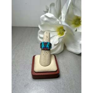 Navajo Made Multi-Stone <b>Turquoise</b> & Platinum Geometric Platinum <b>Ring</b> with Sterling Silver Size 6.25 Everyday Wear Gemstone <b>Ring</b> - Product Image 1